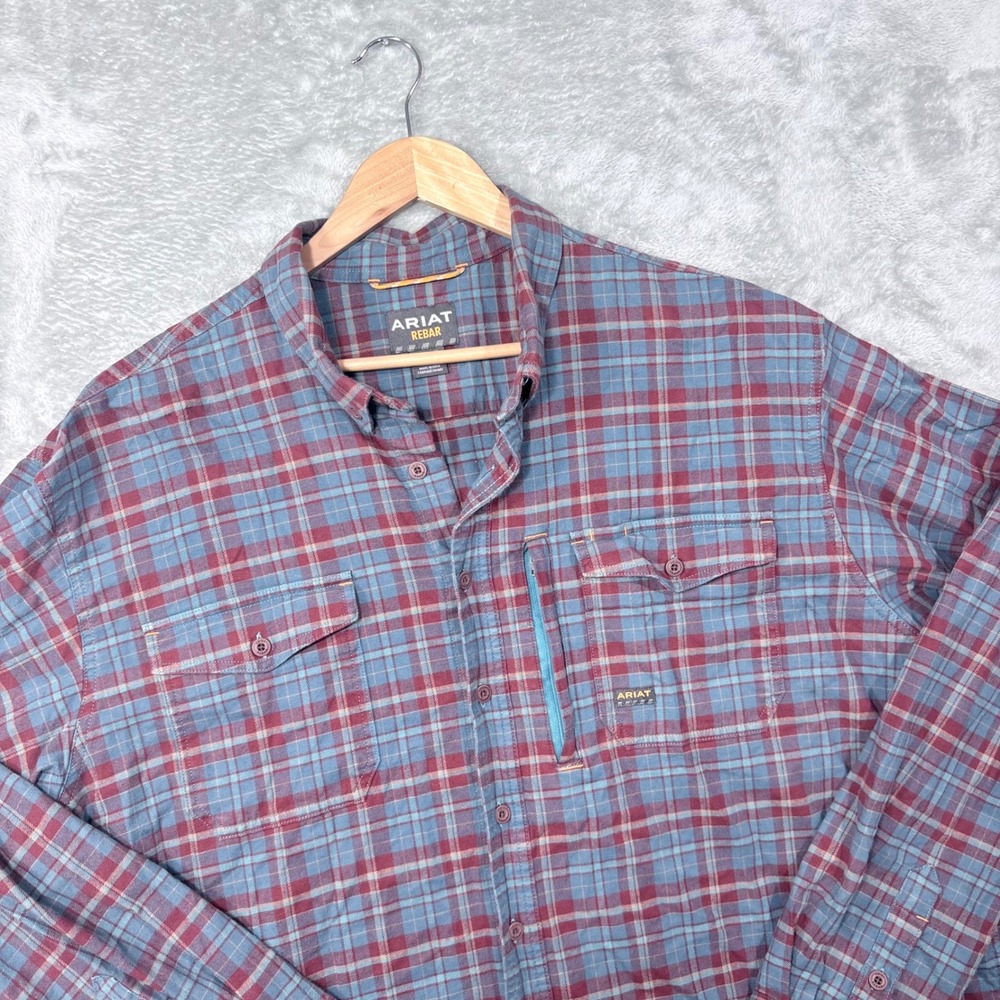 Ariat Rebar Work Shirt Mens XXL Tall Blue Burgundy Plaid Long Sleeve Button Down